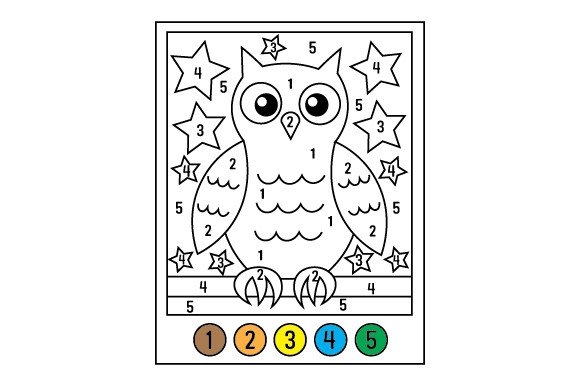 First grade owl color-by-number worksheet featuring addition math problems for kids