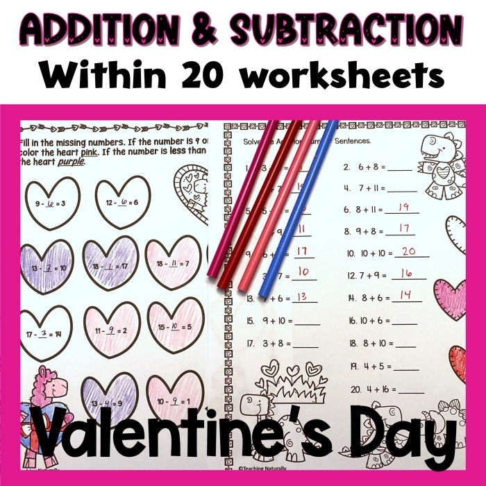 First grade students solving a St. Patrick's Day themed math worksheet with addition and subtraction problems up to 20