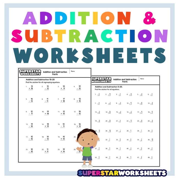 Simple Addition and Subtraction Practice Worksheet 16 First grade math worksheet with 24 single-digit addition and subtraction problems