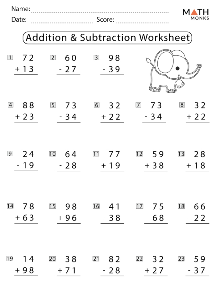 Engaging math worksheet for practicing addition and subtraction skills in first grade Simple Addition and Subtraction worksheet for first graders featuring 24 one-digit problems