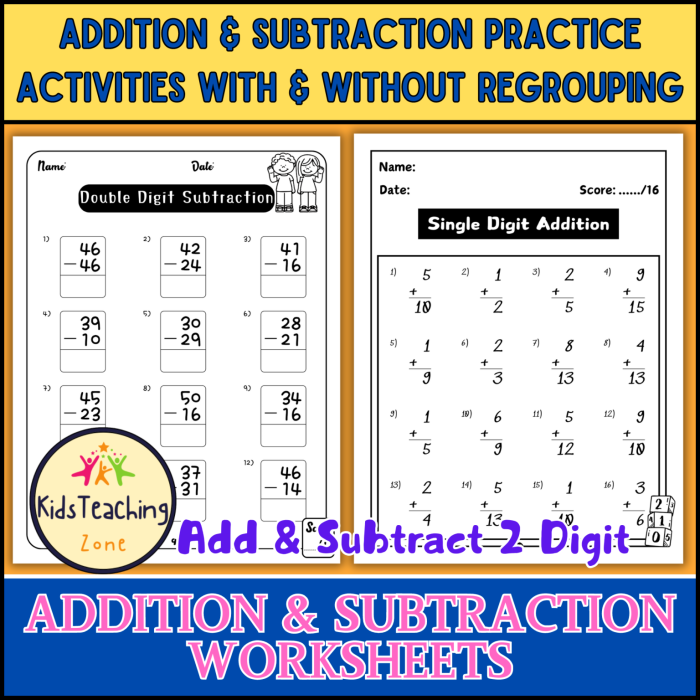 First grade math worksheet with 20 single and double-digit addition and subtraction problems for practice