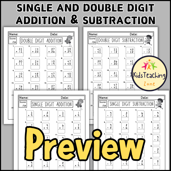 First grade worksheet featuring twenty math problems for practicing single and double-digit addition and subtraction