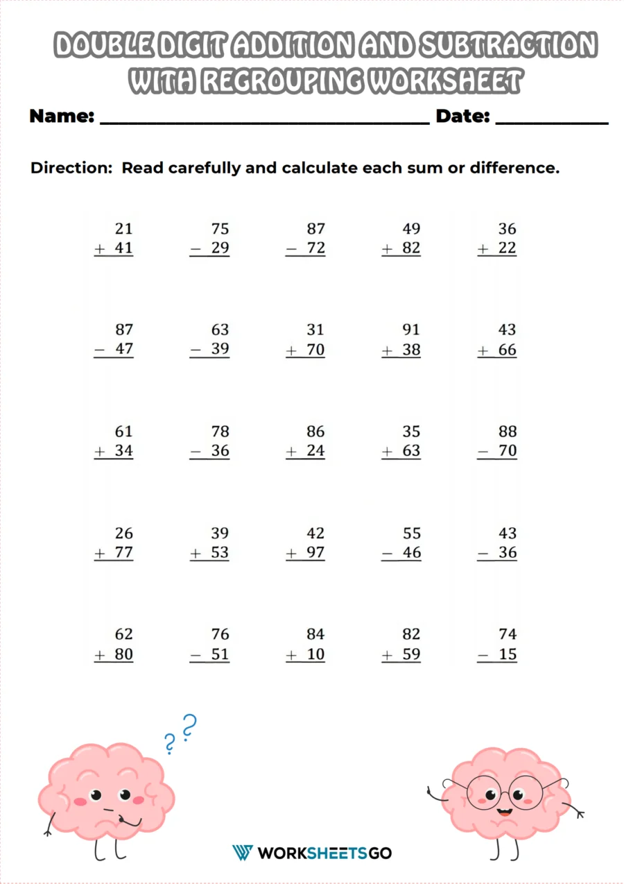 First grade math worksheet featuring single and double-digit addition and subtraction problems for practice. Engaging worksheet for assessing addition and subtraction skills within 20.