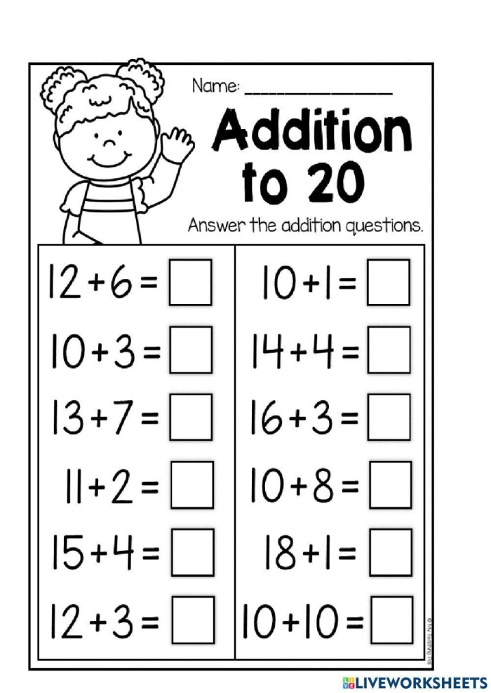 Valentine's Day themed math activity for practicing basic addition and subtraction facts up to 20 First grade Valentine's Day math puzzle worksheet with addition and subtraction problems within 20 and heart decorations