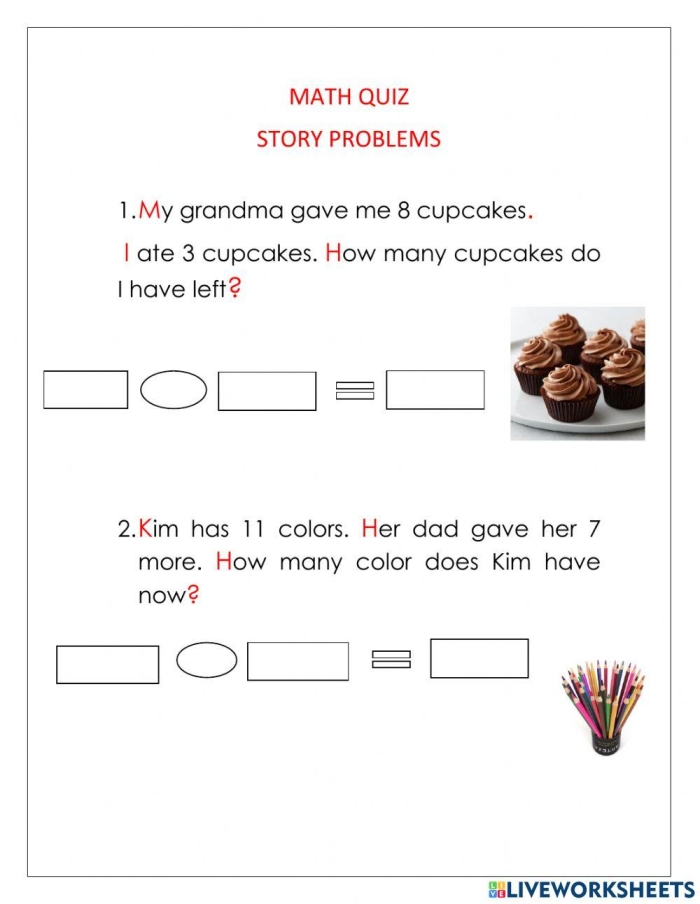 Illustration of math story problems designed to assist young learners in visualizing math concepts Math Story Problems worksheet for first graders featuring engaging visuals to enhance problem-solving skills