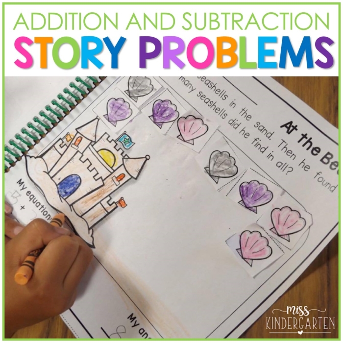Colorful illustration for math story problems designed for first graders to enhance problem-solving skills First grade math story problems worksheet featuring engaging visuals to aid understanding