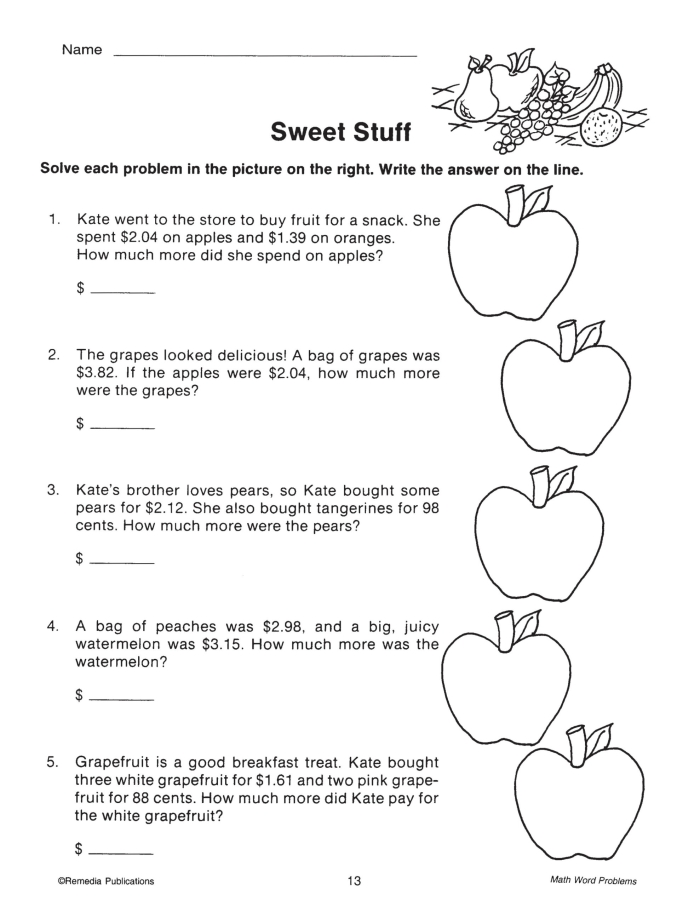 Visual aid for enhancing math skills through story problems for young learners Math story problems worksheet designed for first graders featuring engaging visuals