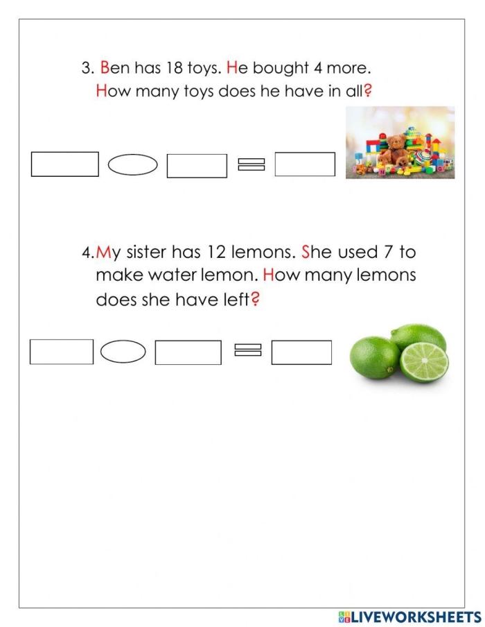 Worksheet image illustrating math problems designed to enhance problem-solving skills in young learners Colorful math story problems worksheet for first graders featuring engaging visual aids