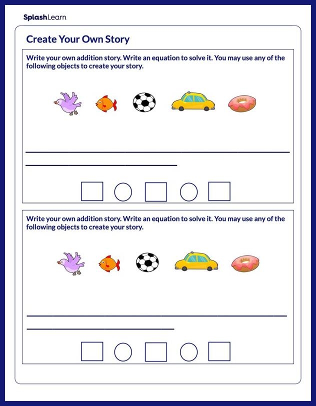 Math Story Problems Worksheet for First Grade: Enhance Skills with Visual Aids Illustration of a first-grade math story problems worksheet featuring engaging scenarios