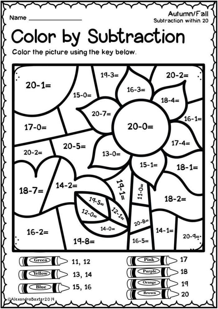 Color by Simple Subtraction worksheet featuring fun drawings to color based on subtraction answers
