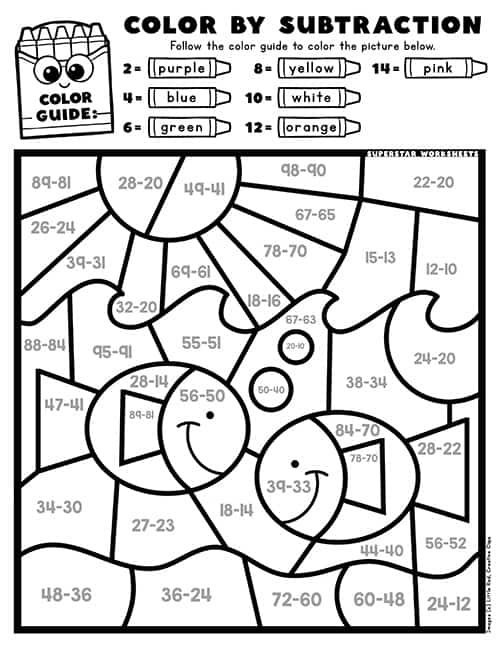 Color by Simple Subtraction worksheet featuring fun subtraction problems for first graders