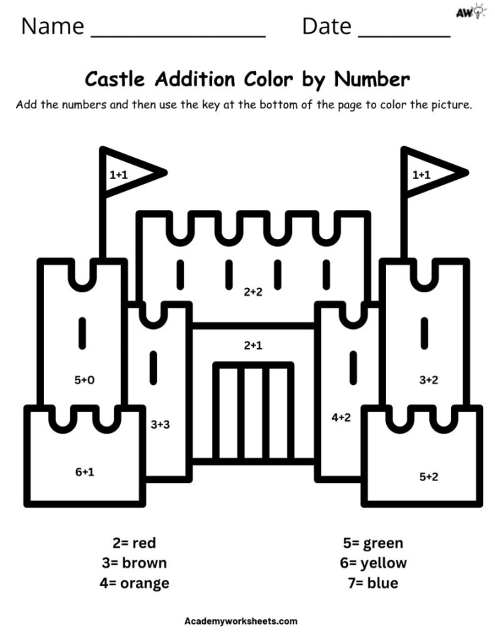 Addition Color by Number Underwater Scene Worksheet 19 First grade underwater addition color by number worksheet featuring marine animals