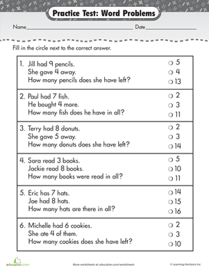Worksheet image for Practice Test: Word Problems for first grade students First grade practice test featuring addition and subtraction word problems for young learners