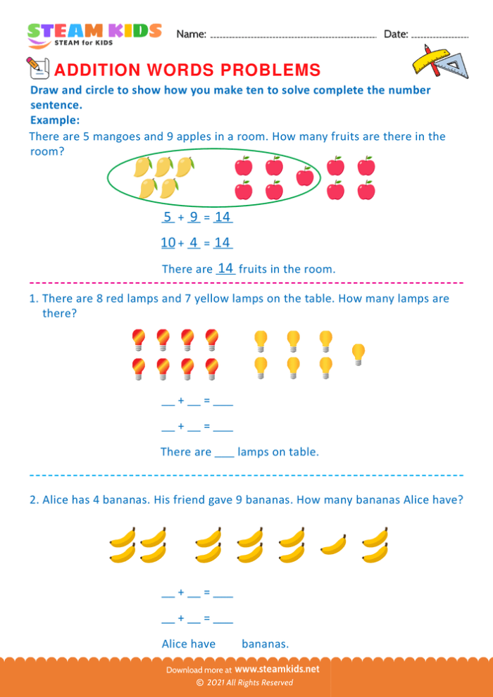 First grade worksheet featuring simple math word problems with burger illustrations