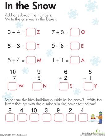 First grade math worksheet with addition and subtraction problems for solving a mystery word puzzle