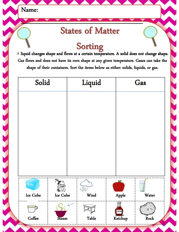 First grade students filling out the Matter Mixup worksheet with examples of solids, liquids, and gases