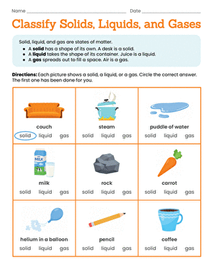First grade worksheet for identifying examples of solids, liquids, and gases in the states of matter