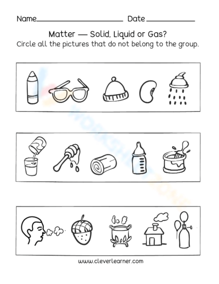 Worksheet for first graders to identify solids, liquids, and gases in physical science. Matter Mixup: Writing Solids, Liquids, and Gases worksheet for young learners.