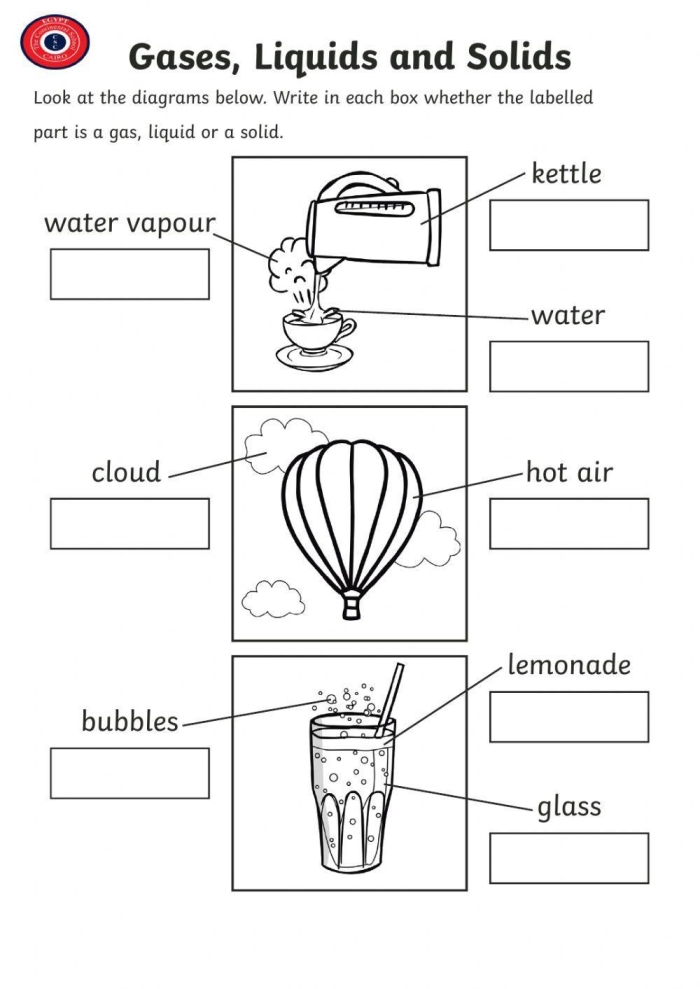 Worksheet for first graders to identify examples of solids, liquids, and gases in physical science. Matter Mixup: Writing Solids, Liquids, and Gases worksheet for 1st grade students.