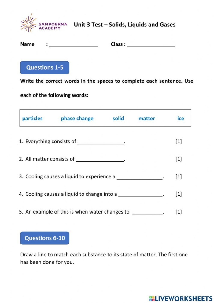 First grade students identifying and writing examples of solids, liquids, and gases on a states of matter worksheet