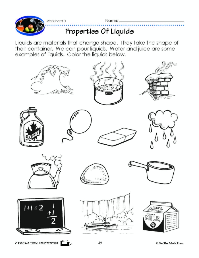 First grade students writing examples of solids, liquids, and gases on a worksheet
