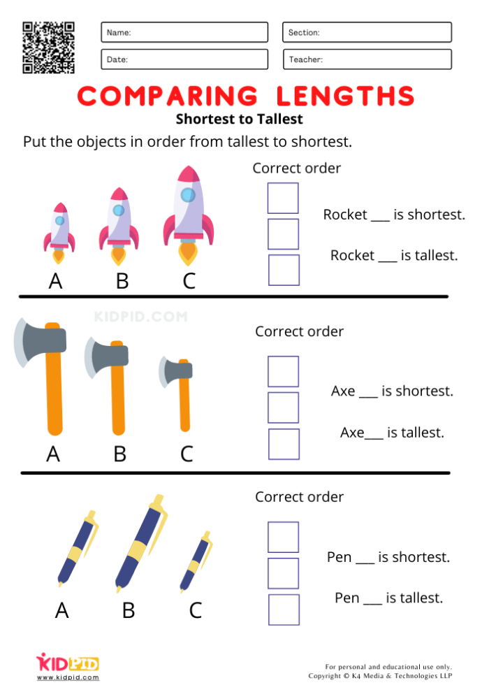 First grade students practice ordering objects from shortest to longest on this measurement worksheet 19