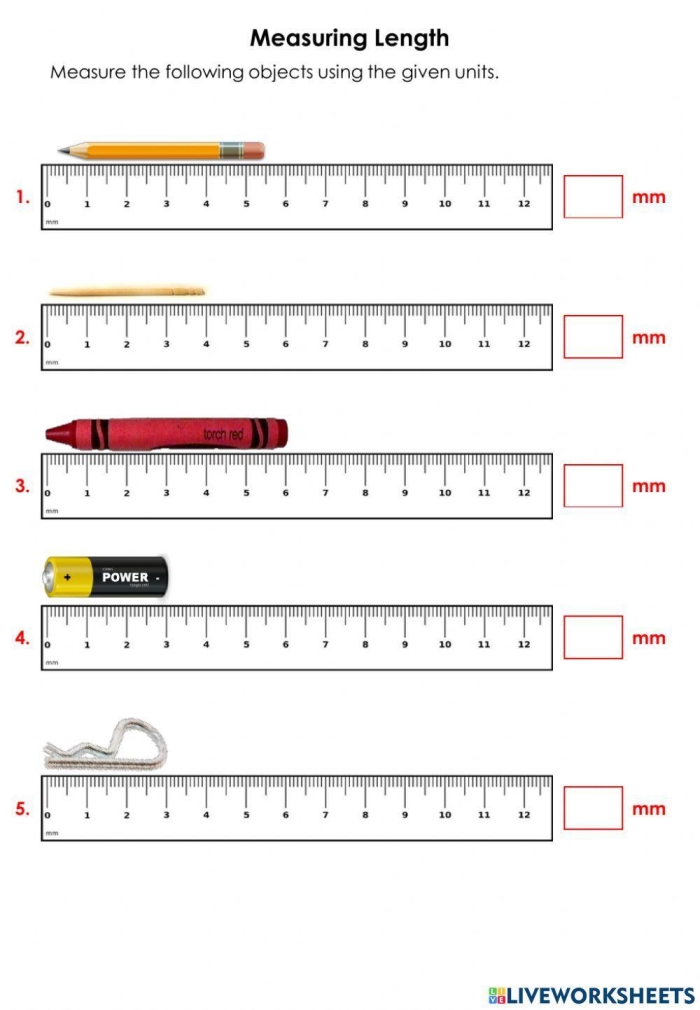Worksheet featuring first graders measuring school supplies in centimeters