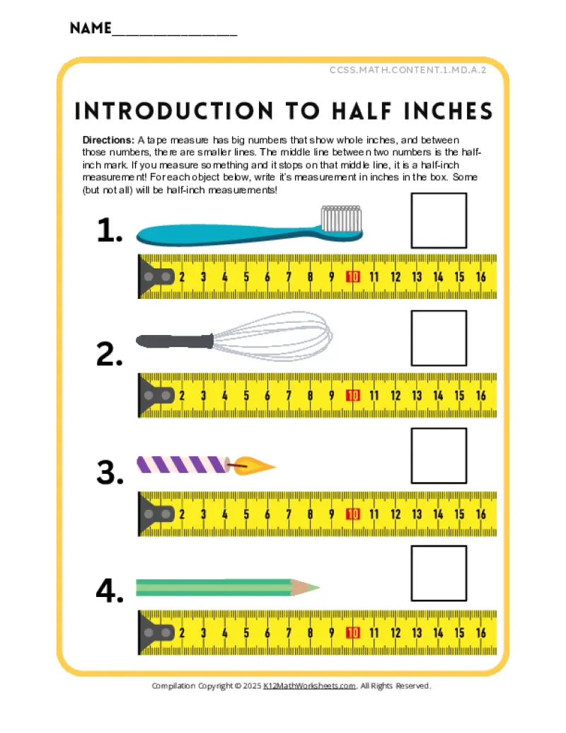 First grade worksheet for practicing measuring in inches with a ruler and various objects