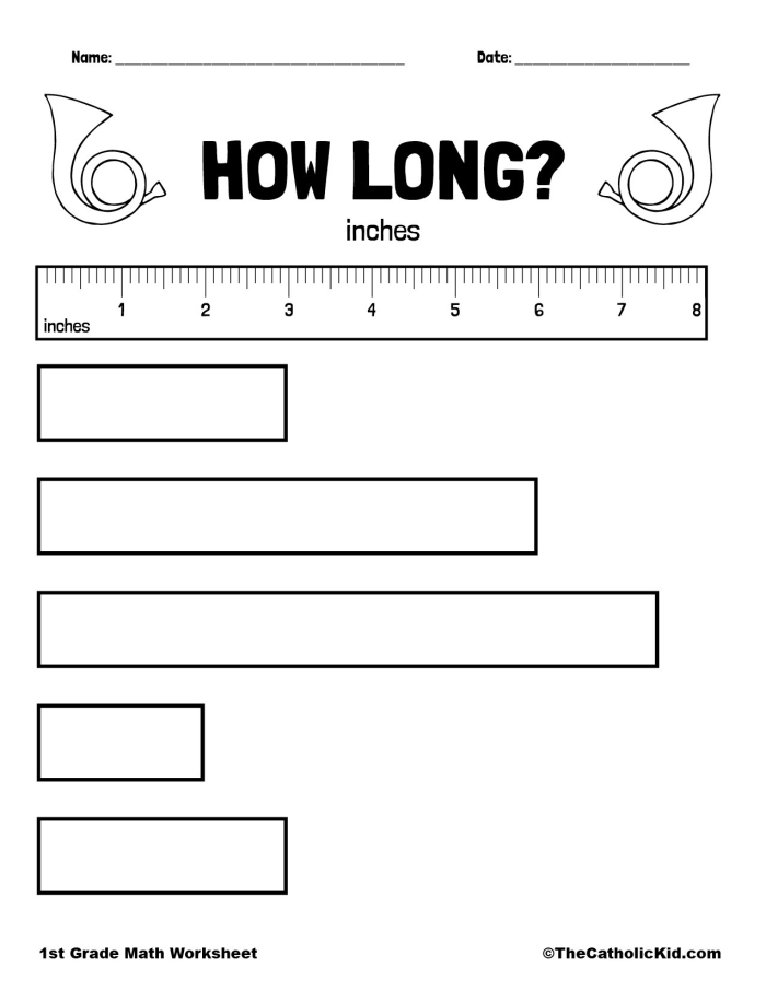 First grade student worksheet for practicing measurement skills using inches
