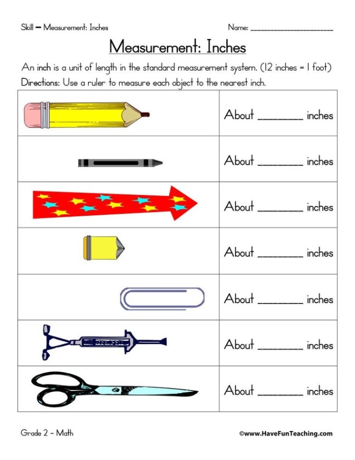 Measuring in inches worksheet for first graders, featuring a colorful design and measurement tools