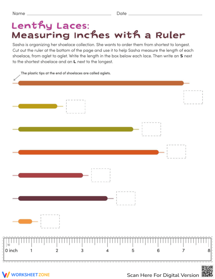 A first grade student using a ruler to measure the length of colorful shoelaces on a worksheet