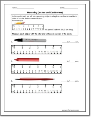Worksheet featuring first graders measuring school supplies in centimeters