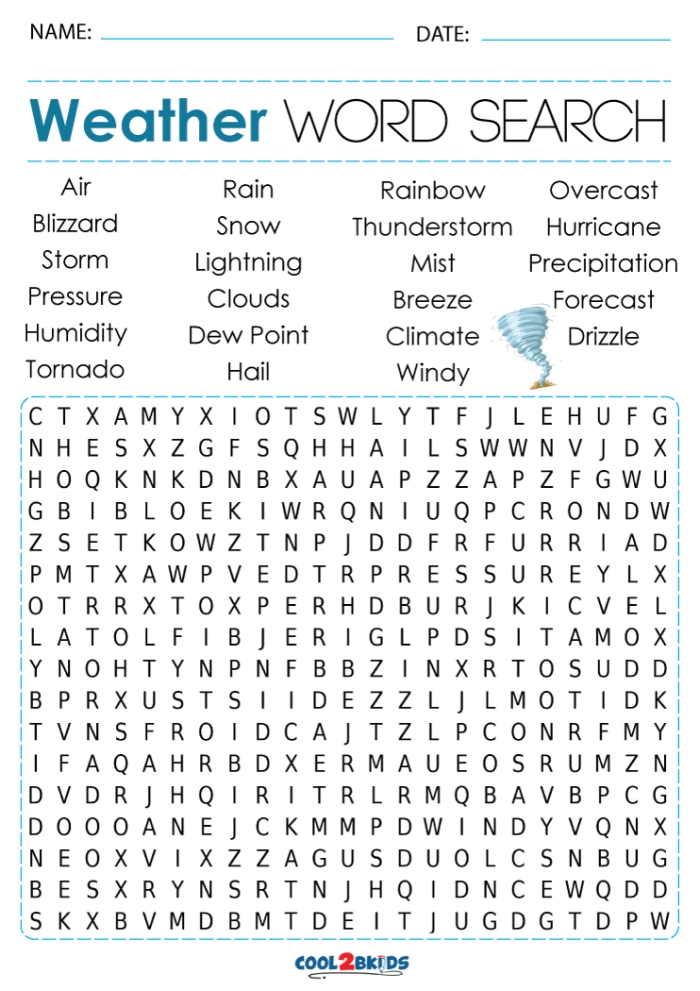 Weather Word Search worksheet for first graders exploring meteorology