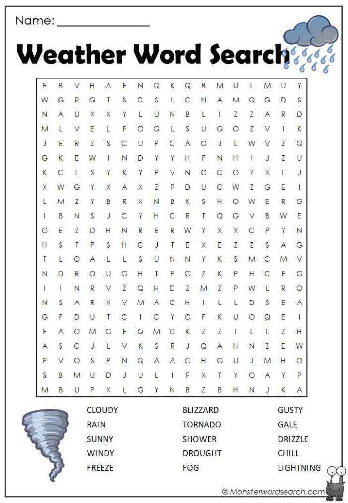 First grade weather word search worksheet featuring meteorological terms