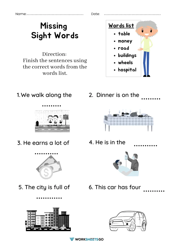Missing Sight Words Activity 6 for Beginning Readers First grade students selecting missing sight words to complete simple sentences in this fractions practice worksheet