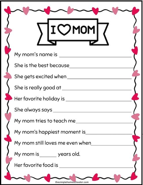 A colorful worksheet for first graders to describe and illustrate their mom for Mother's Day