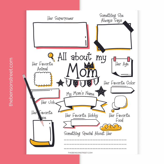 A colorful worksheet for first graders to fill out and illustrate their mom for Mother's Day