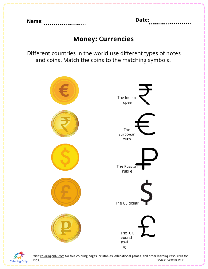 First grade printable money worksheet with cut out coins and dollar bills for math practice