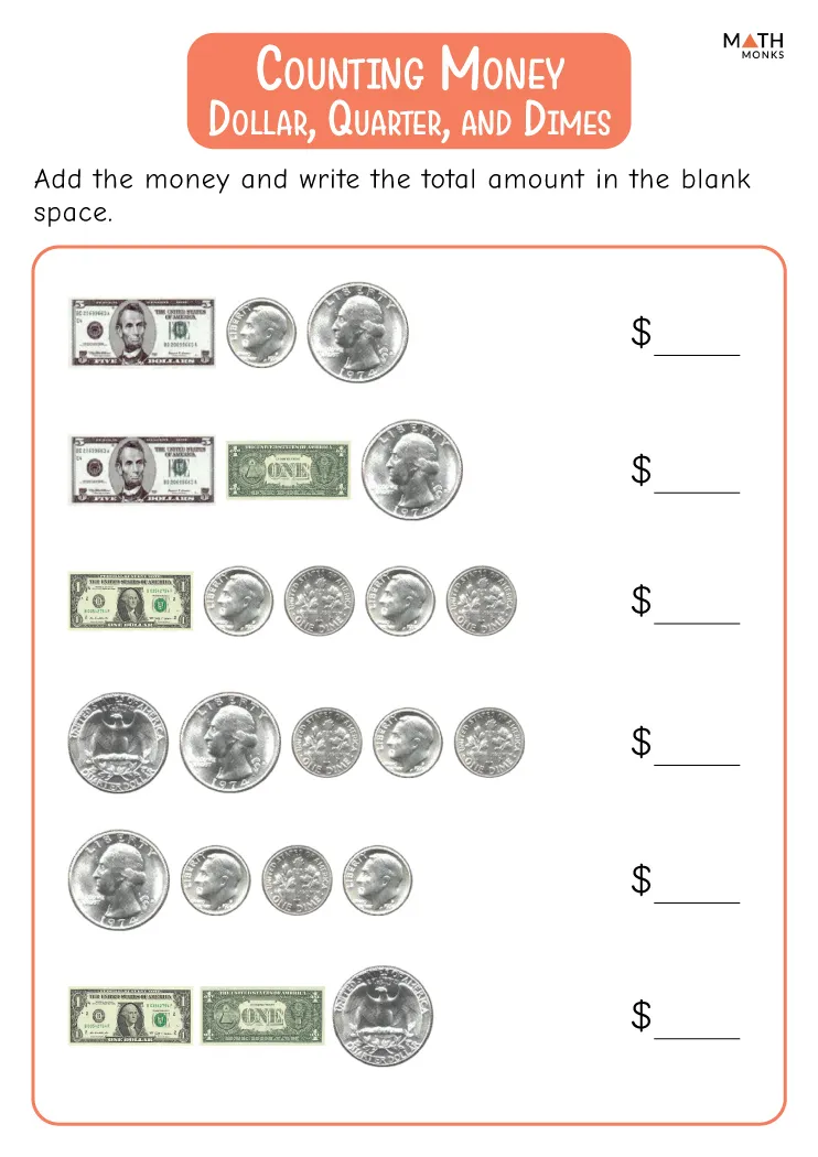First grade printable money worksheet with cut out coins and dollar bills for math practice