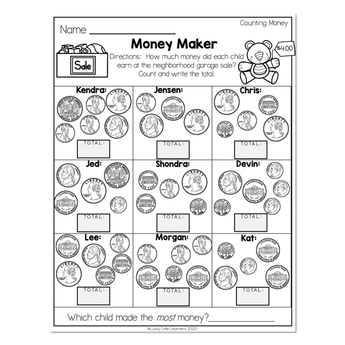 First grade students practicing coin values and counting money on a worksheet