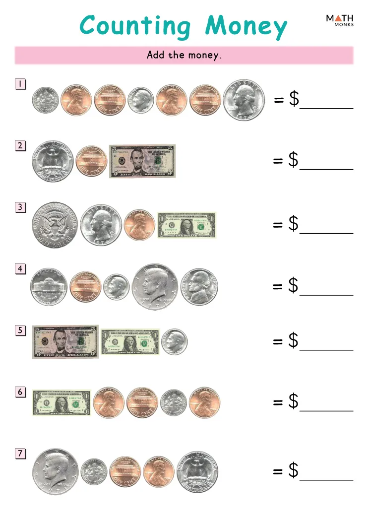 First grade printable money worksheet with cut out coins and dollar bills for math practice