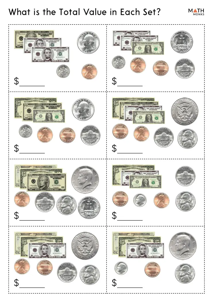 First grade student practicing coin identification and counting money on a math worksheet