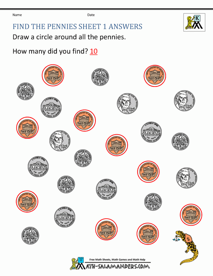 Counting coins on the Money Practice worksheet to assist Dennis Duck in learning values