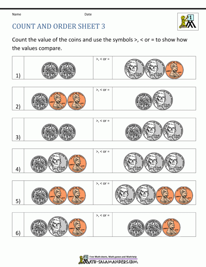First grade printable money worksheet with cut out coins and dollar bills for math practice
