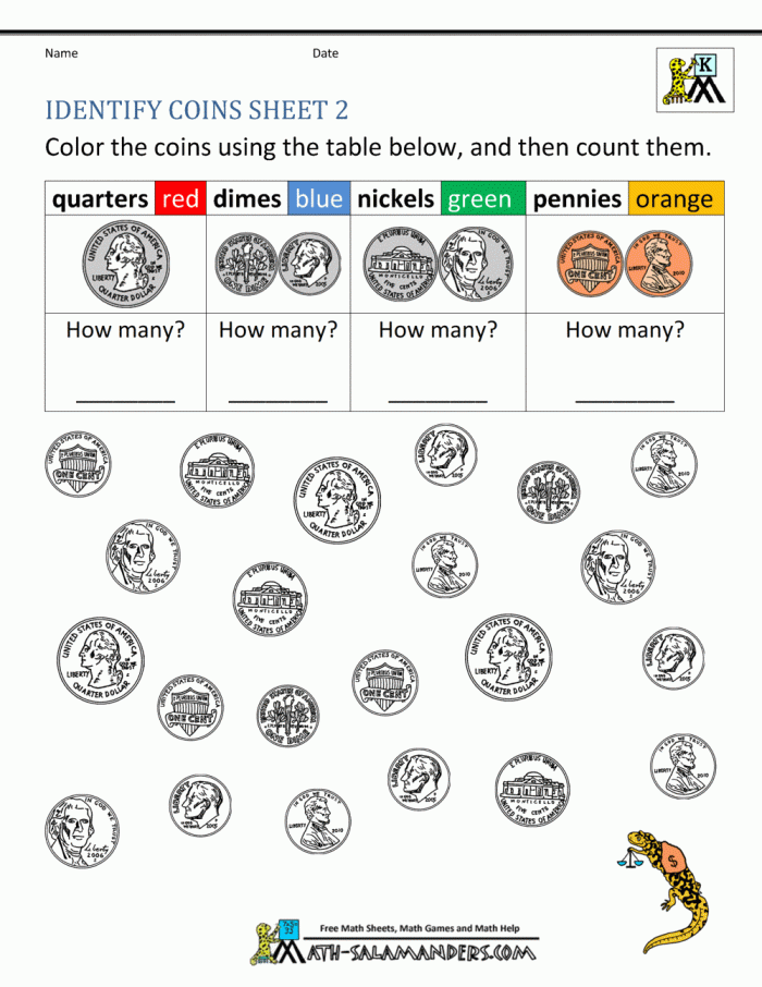 Printable money worksheet featuring U.S. dollars and coins for first graders