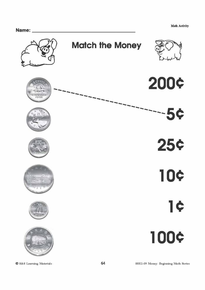 First grade math worksheet featuring coin counting exercises and money word problems