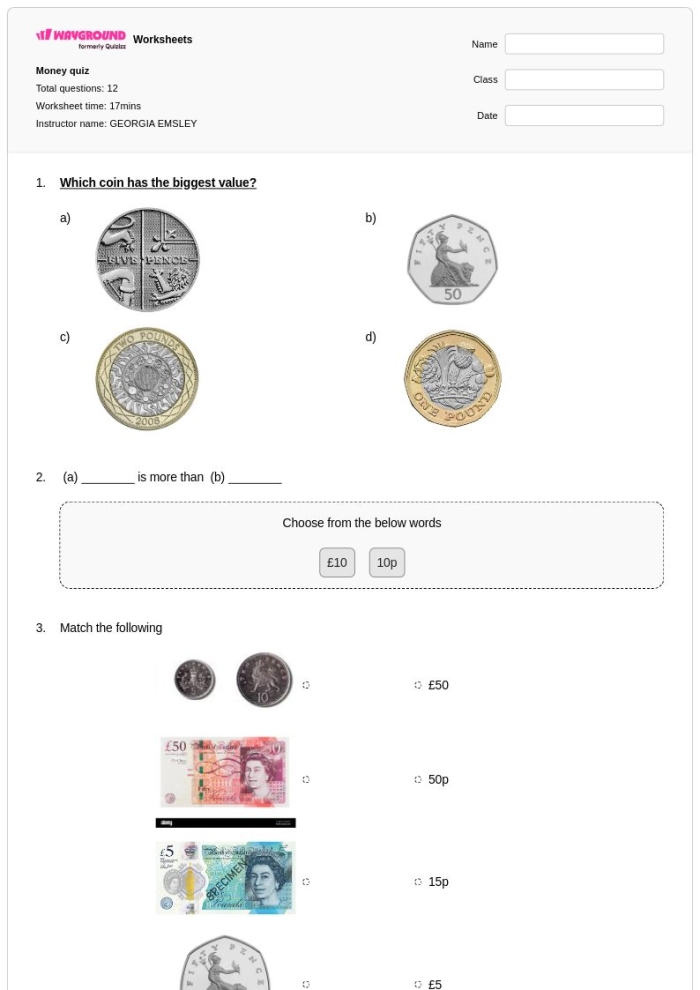 First grade money quiz worksheet featuring counting coins and multiple choice bubbles