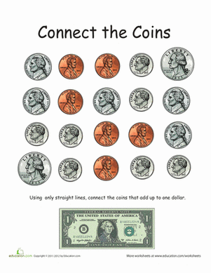 First grade money quiz worksheet featuring coins for counting practice