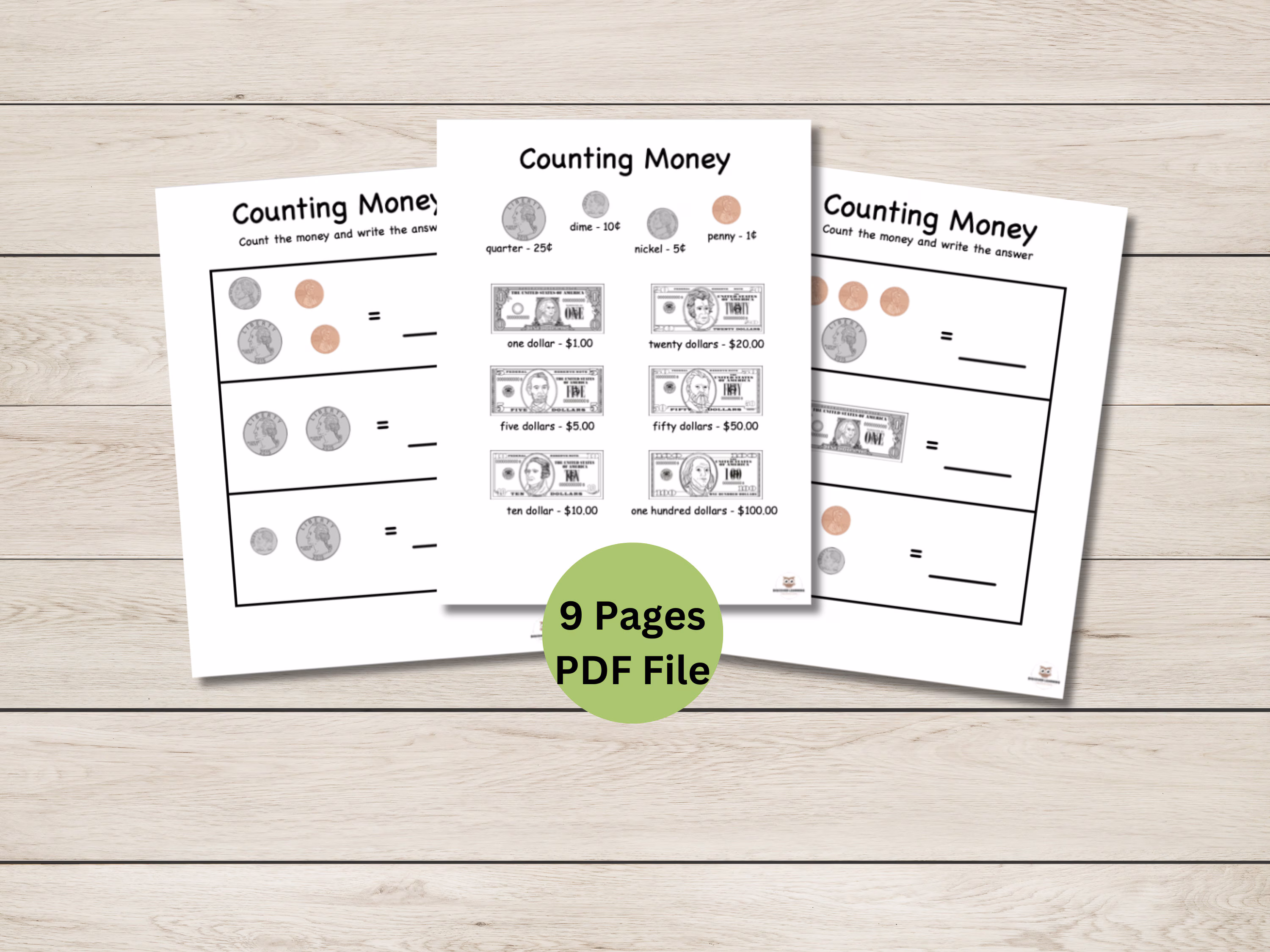 Counting Money worksheet for first graders featuring coin value and word problems
