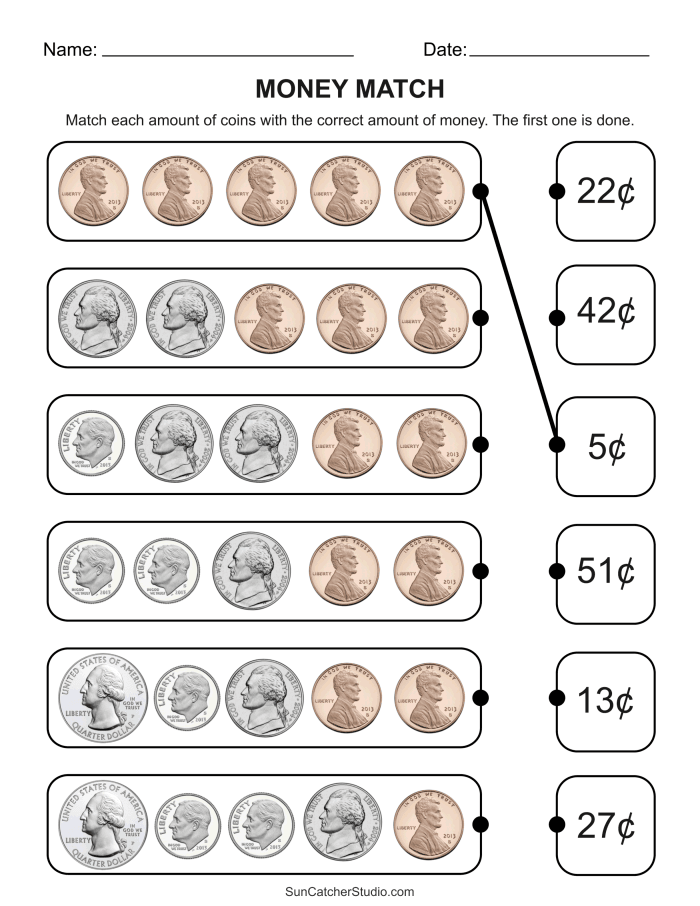 First grade student practicing counting coins and identifying money values on a worksheet
